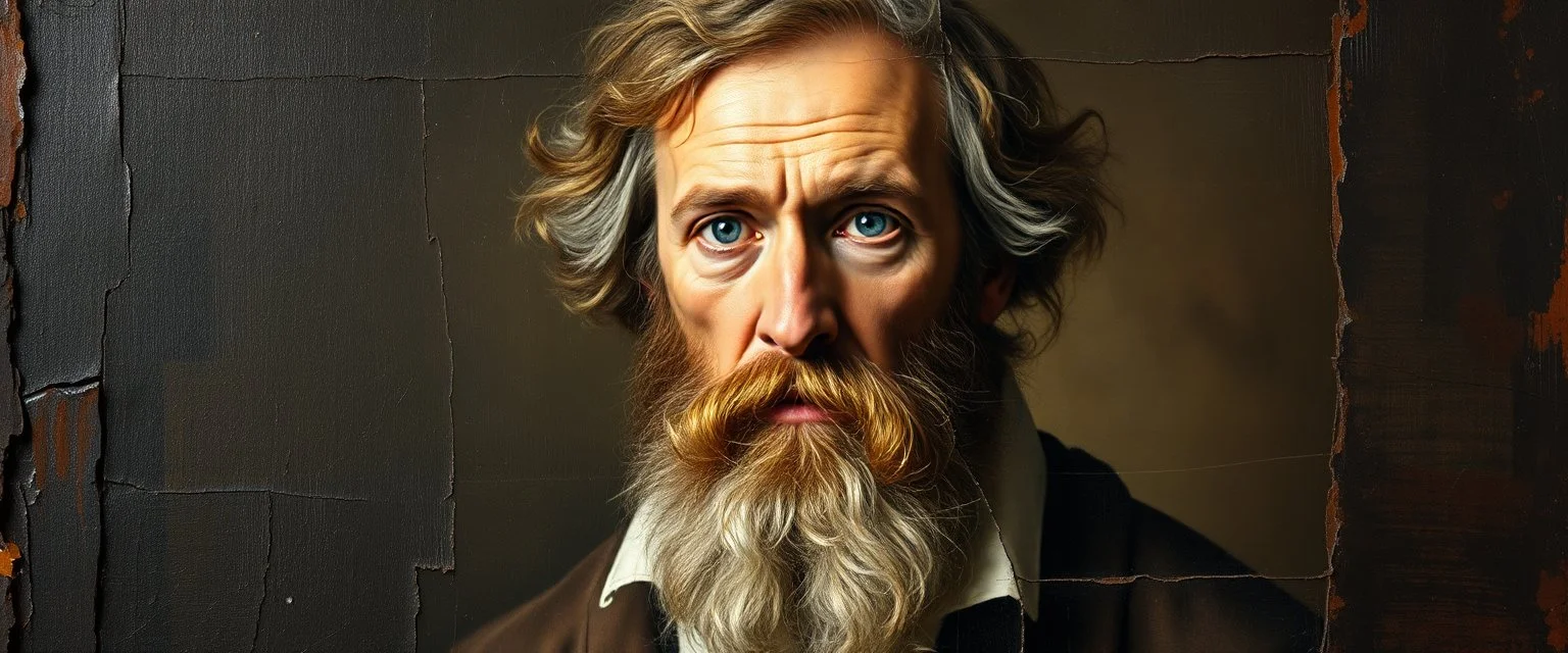 master oil painting by Rembrandt, motion blur sickness background, super clear foreground portrait, smeared paint background, twisted broken and burnt frame, painting found in lost treasure