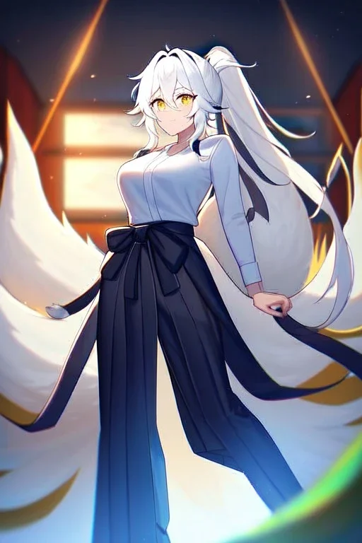 fox girl, masterpiece, best quality, cinematic lighting, detailed outfit, vibrant colors, perfect eyes, golden eyes, long hair, white hair, messy hair, hair between eyes, depth of field, ray tracing, ponytail, hakama, tail,