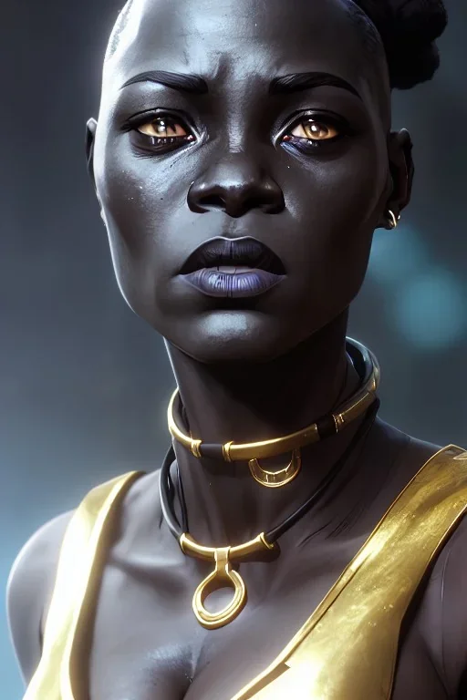 portrait of SEAL,beautiful african robot, post-apocalyptic in a cyberpunk city, realistic, intriacte detail, sci-fi fantasy style, volumetric lighting, particales,highly detailed,cinamatic, deep dark ,gold lights.