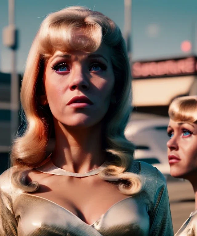 Ultra Realistic retro sci-fi movie Supermarket parking scene, 1960 year, waist up view portrait, 2 clones blonde women, sweet teenager Jane Fonda face, perfect iris, glow eyes, face makeup, tight latex coat, many people, Retro sci-fi style, soft color, highly detailed, unreal engine 5, ray tracing, RTX, lumen lighting, ultra detail, volumetric lighting, 3d, finely drawn, high definition, high resolution.