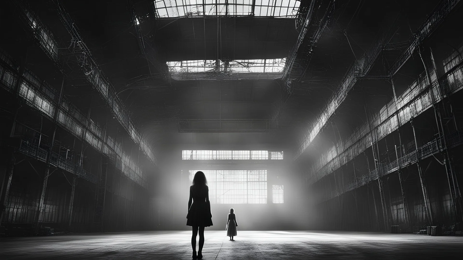 dark mysterious gigantic old hangar, girl looking at the ceiling, photographic, black and white
