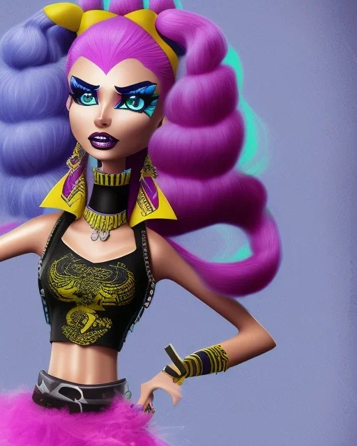 Character from Monster High, male, cannibal, body color is dark, eye color is yellow, sportswear, illustration, cartoon style