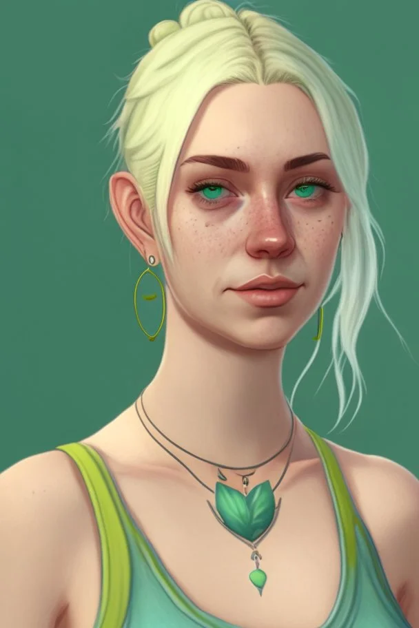 Realistic young woman, neck length white blonde hair in a half ponytail, pale skin, light blue eyes, freckles, big boobs, big green earrings, green and gold necklace, green tank-top with blue overalls on top, grey plant tattoo on arm