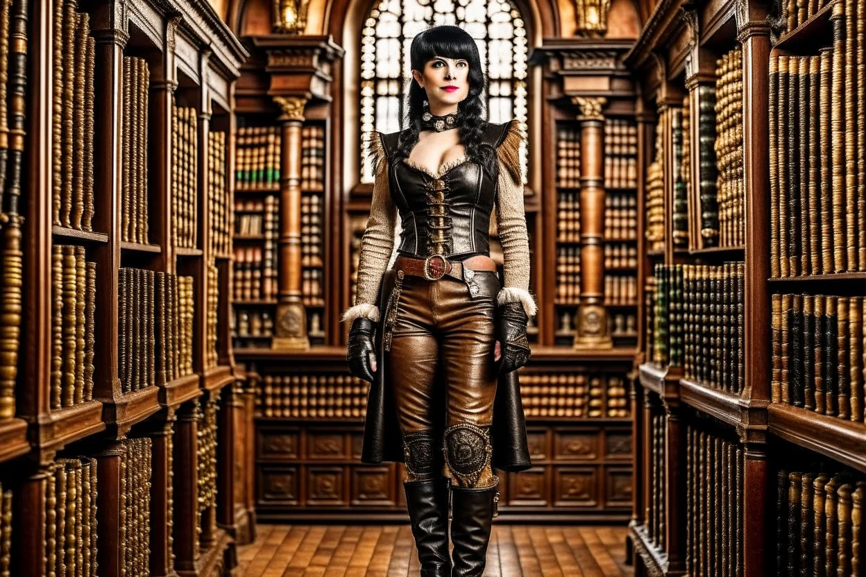 a full-length pale dark-haired woman with a straight bob hairstyle with a fringe, in a steampunk leather outfit, and gloves, standing in a steampunk library