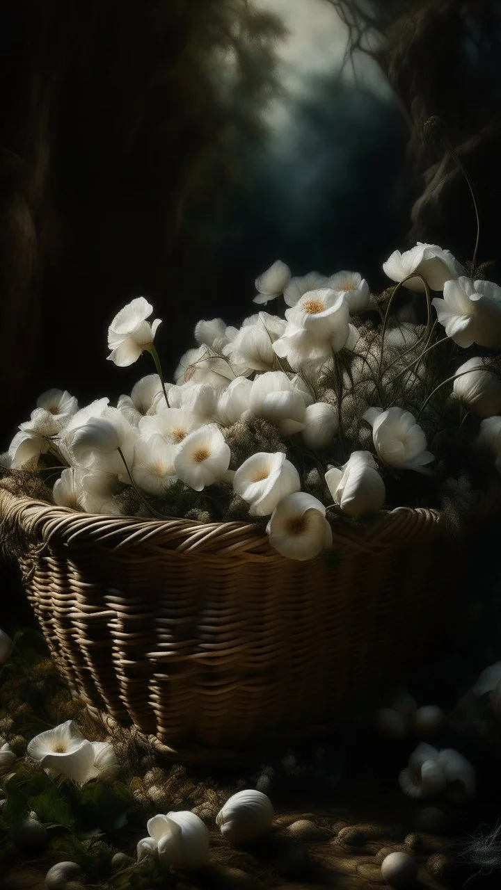 Bosch nightmares paining style Title:a basket full of white poppies , 8k artistic photography, photorealistic concept art, soft natural volumetric cinematic perfect light, chiaroscuro, award-winning photograph, masterpiece, oil on canvas, Raphael, Caravaggio, Greg Rutkowski, people, beksinski, Giger