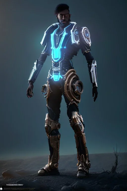 full body portrait, male dark elf, dark skin, white hair, haunting blue eyes, and wearing a golden steampunk exoskeleton powered by gears, in dark fantasy style