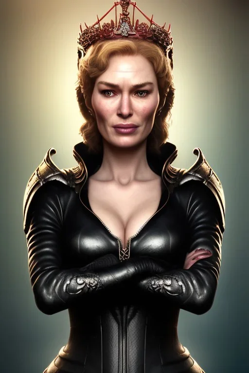 Cersei Lannister as evil queen in black leather, busty, cleavage, curvy, lena headay, angry, stern look. character design by cory loftis, fenghua zhong, ryohei hase, ismail inceoglu and ruan jia. unreal engine 5, artistic lighting, highly detailed, photorealistic, fantasy