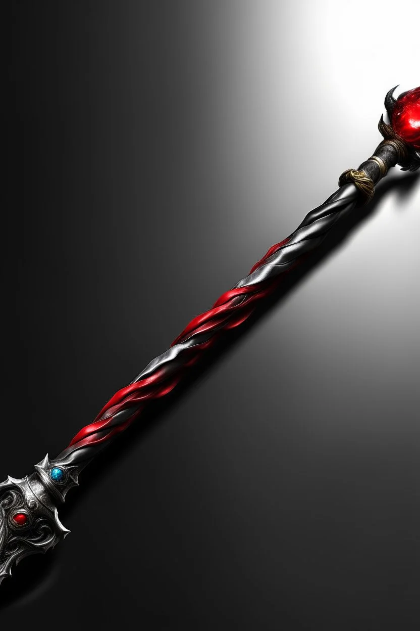 A sorceress evil staff that is a mix colors of red and black crystals and sharp
