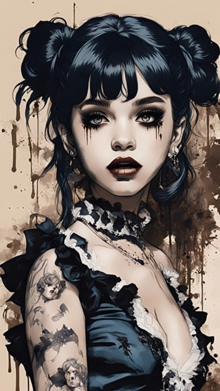 Poster in two gradually, a one side malevolent goth vampire girl face and other side the Singer Melanie Martinez face, full body, painting by Yoji Shinkawa, darkblue and sepia tones,