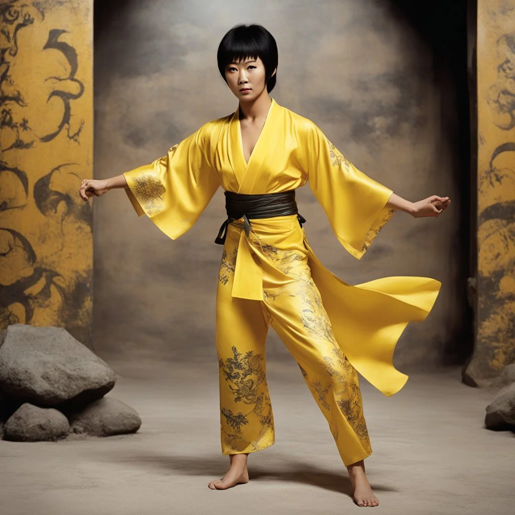 The soul of female Bruce Lee travels to the Underworld: The Dragon Lives Again by Chi Lo, she stands on one of her bare feet in her yellow silk printed kimono, ready to fight with her best kung fu, she stand in Hell,, her other leg ready to strike