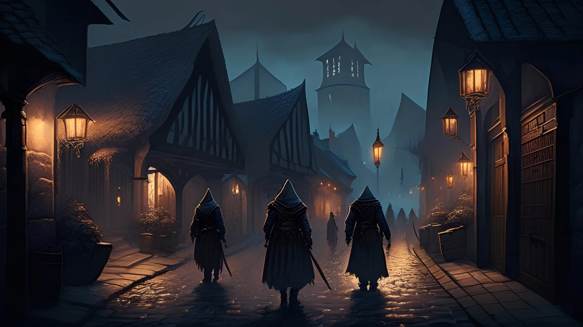 A street in Vallaki in the late evening with in the distance one large guard and two smaller guards. A fantasy RPG style image.