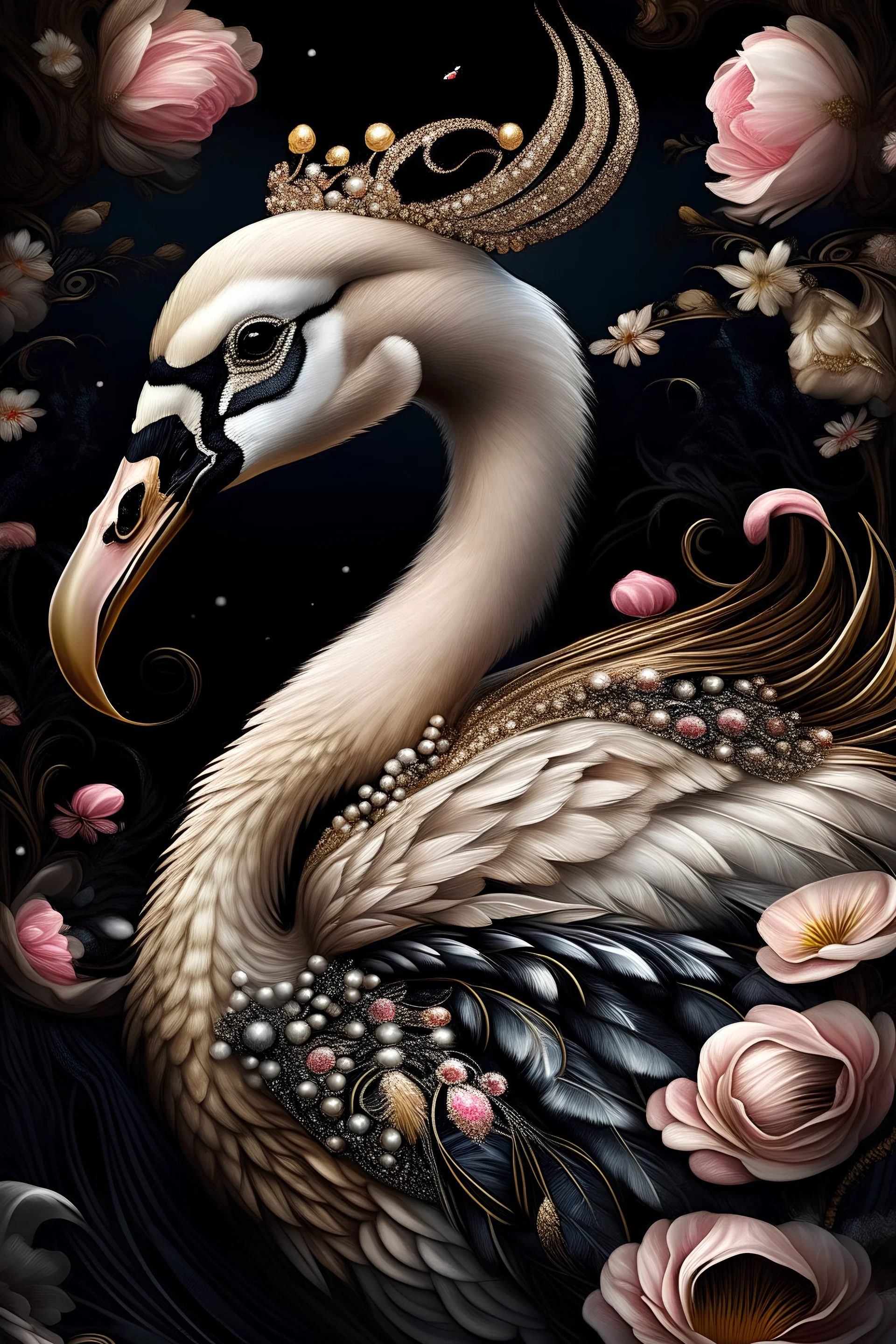 Pink swan portrait, gold bioluminescence gradient textured detailed feathers adorned with bioluminescence gold colour baroque style black and white and Golden pearls, beads and black diamond headress white lily florals, organic bio spinal ribbed detail of detailed creative baroque style ornate light colour florwers background by the moonlight extremely detailed hyperrealistic maximálist concept art