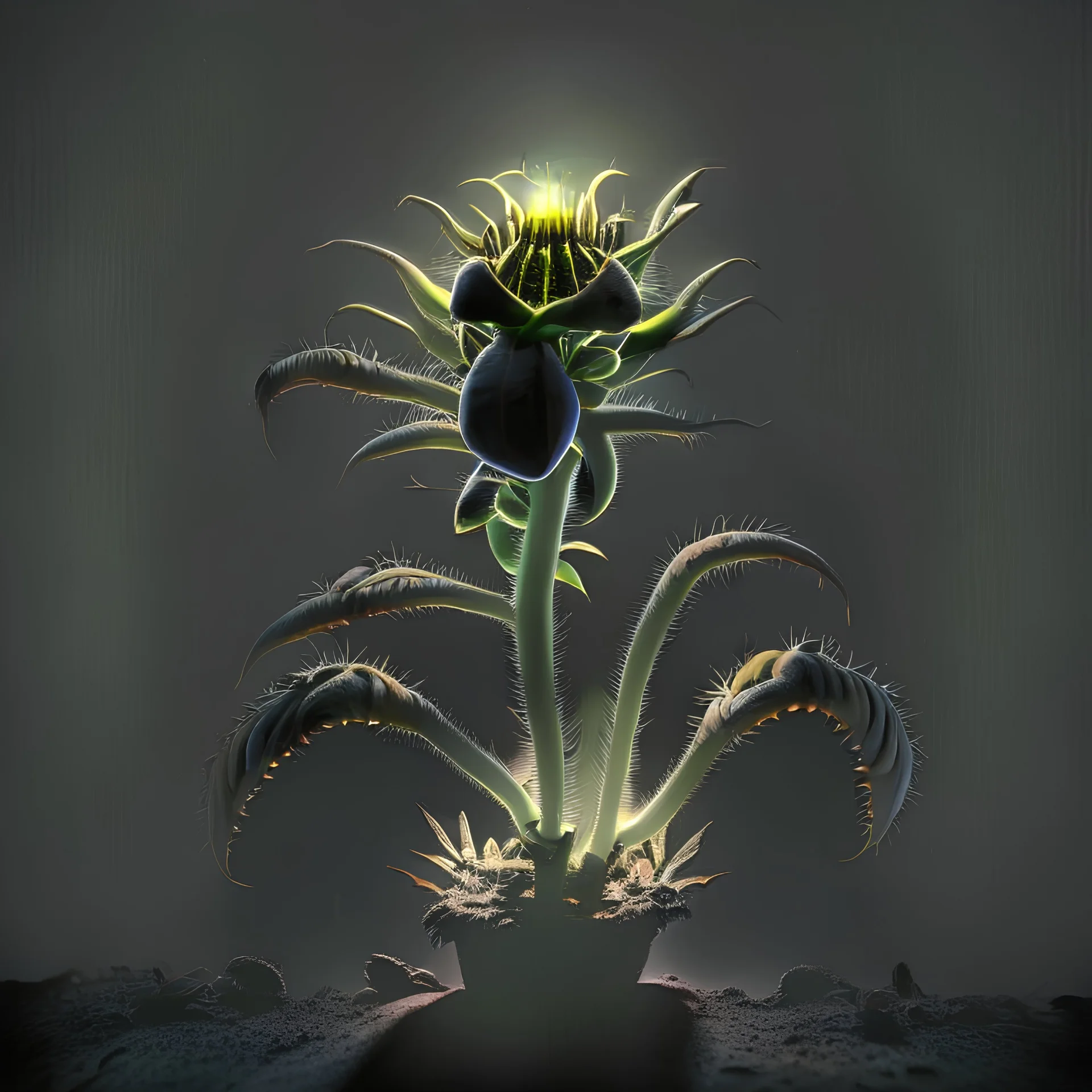 a colerful plant from an alien planet, black background, a spotlight shining on the plant,
