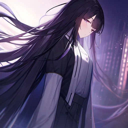 Clear focus,High resolution, Black long fluffy hair, long bangs, and purple eyes, Depressed girl