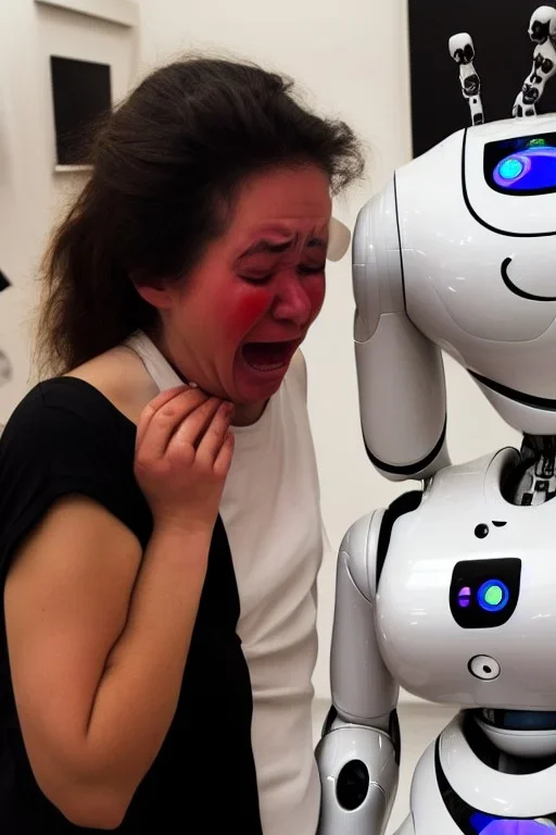 Artist crying next to a robot