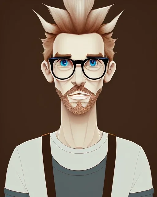 a tall guy who is skinny and scrawny with blond hair and blond beard. his hair is to the left side and he wears glasses. he is wearing a white t-shirt, black jeans and has straight teeth and brown shoes. tim burton style