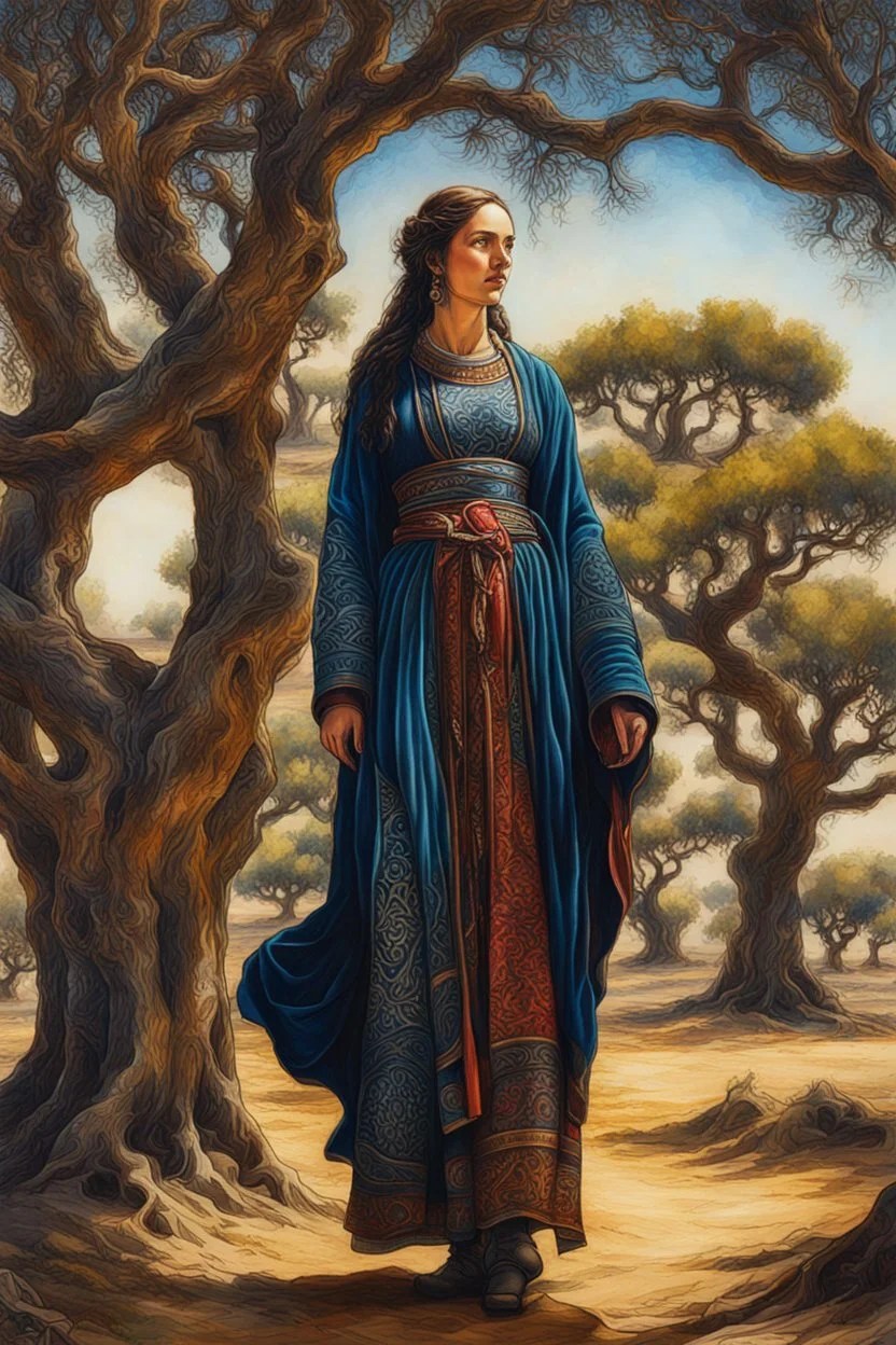 create a classical-abstract-realist sci-fi fantasy full body portrait aquatint of a nomadic tribal shepherdess with highly defined facial features, amidst ancient Andalusian olive trees, in the style of Donato Giancola, Hans Memling, Titian, and Caravaggio, 8k, highly detailed, otherworldly , fantastic, vibrant colors