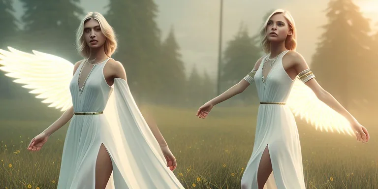 subtle queen, atmospheric, realistic, unreal engine, cinematic lighting, octane render, transparent long dress, blonde, full body, bright wings, smile, long hair