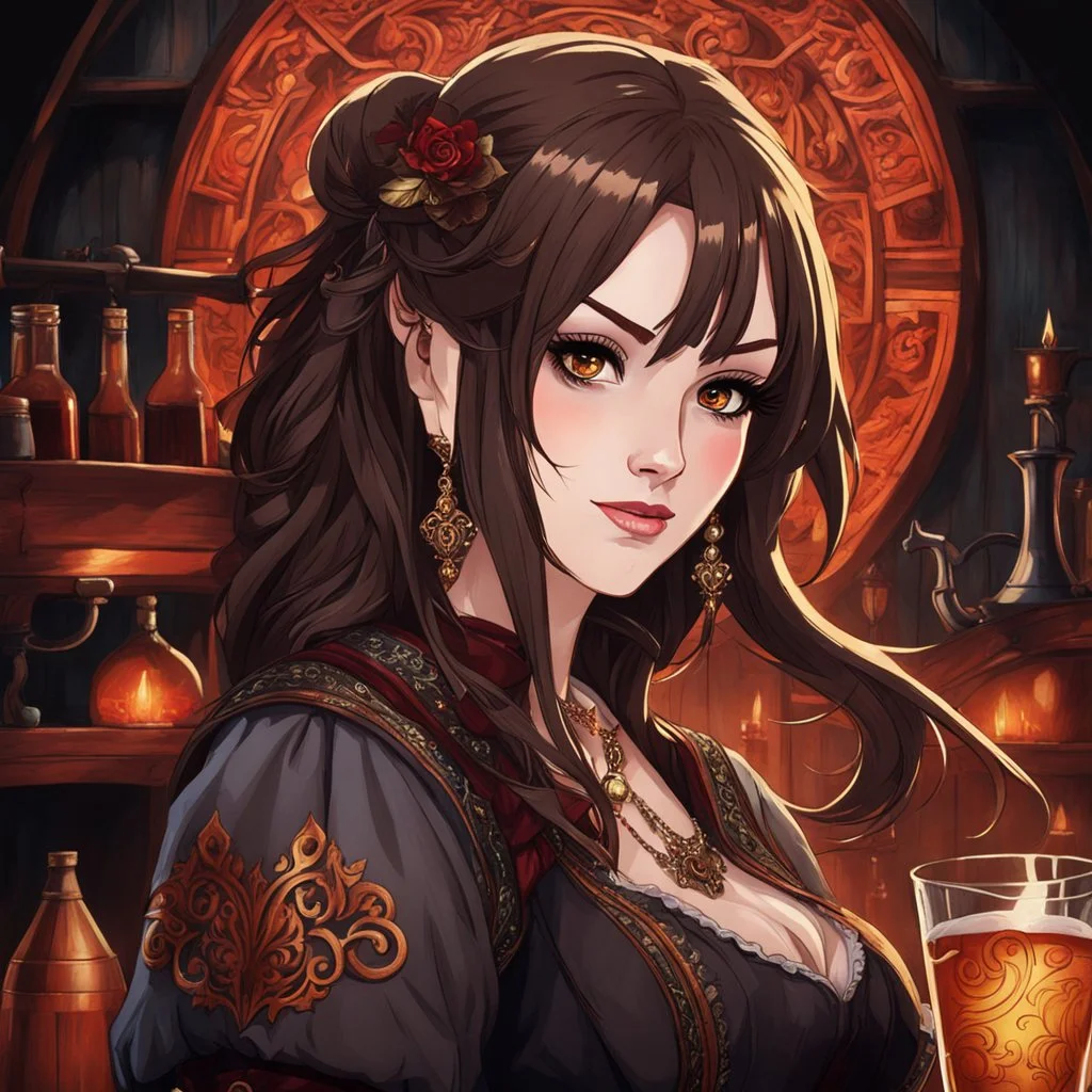 A young woman with pale skin and long brown hair in a fantasy tavern setting with intricate details. She is smirking, a tavern wench pouring a glass of whiskey, has intense red eyes, intimidating presence. High definition.