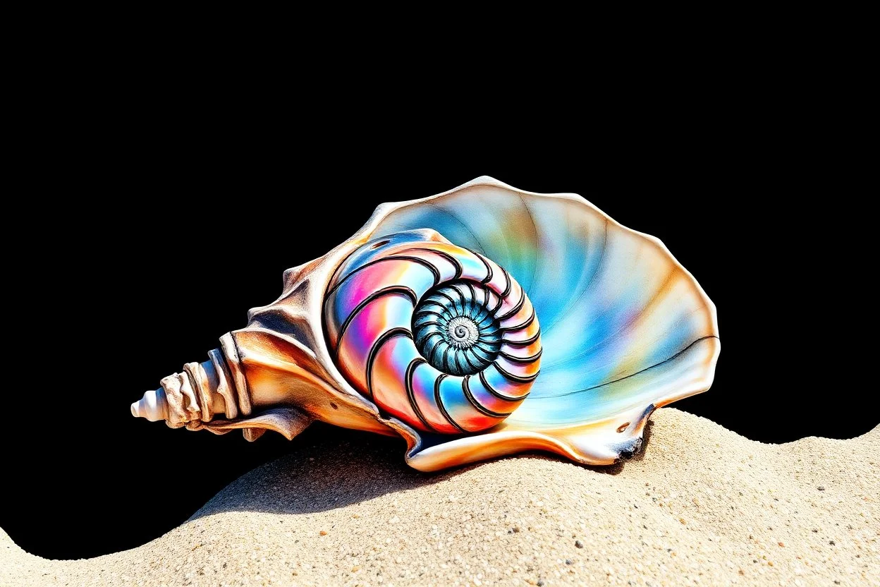 beautiful watercolor and ink painting disintegrating into while black negative space, brilliant iridescent conch shell with a fractal spiral complex pattern with precise consistent geometry laying on the sand of a beach, sun, intricate fractal Fibonacci sequence oatterns