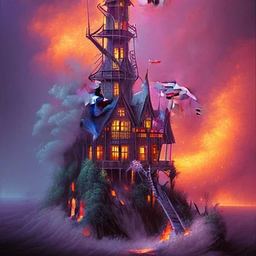 a tall house on fire in a hurricane, upper body of purple devil with spear