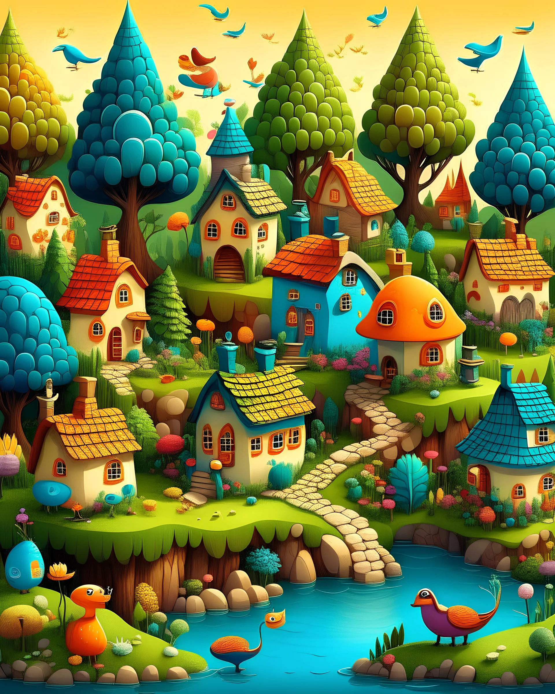 village, TINY animals SURREAL, MASTERPICE, TINY BRAINS, TINY forest, TINY house, TINY birds, colorful, vector