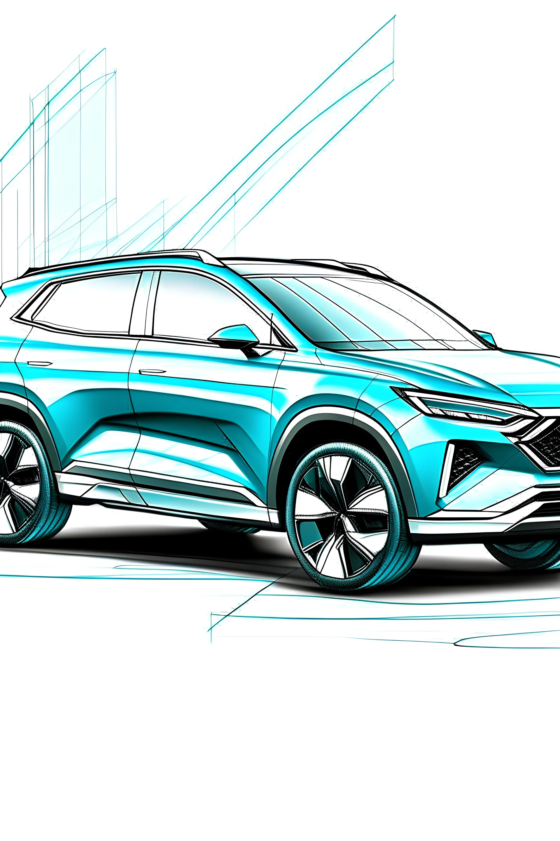 outline drawing of hyundai tucson 2022 hybrid in the color teal white background no mirror