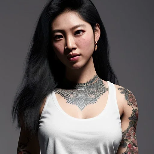 Fit Asian fantasy woman, waist up portrait, white tank top, cutoff jeans, perfect composition, hyperrealistic, super detailed, 8k, high quality, intricate details, highly detailed, Japanese style tattoo sleeve on left arm, pale blue eyes, messy black hair, intricate eyeliner, good completion