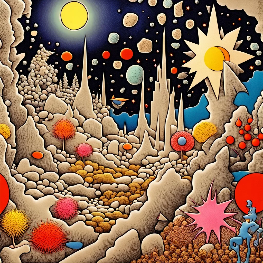 Colourful, peaceful, Yves Tanguy, surrealistic, hypermaximalist, night sky filled with galaxies and stars, rocks, trees, flowers, one-line drawing, sharp focus, 8k, deep 3d field, intricate, ornate