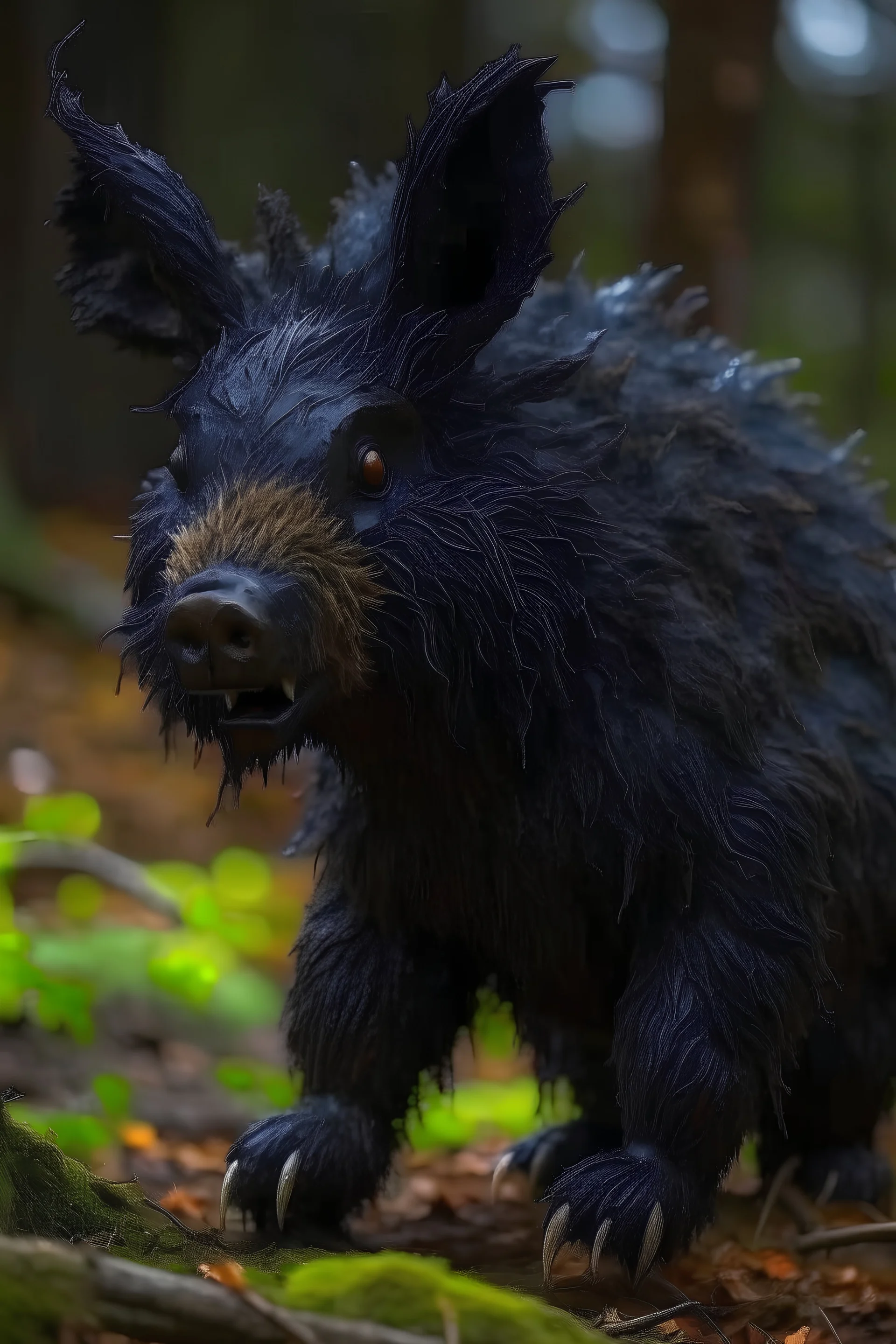 Bear and boar and rabbit hybrid creature, black, photograph