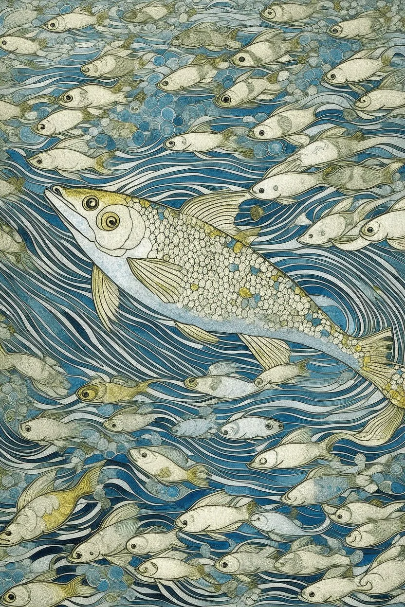 A light gray ocean with flying fish designed in medieval tapestry painted by Gustav Klimt