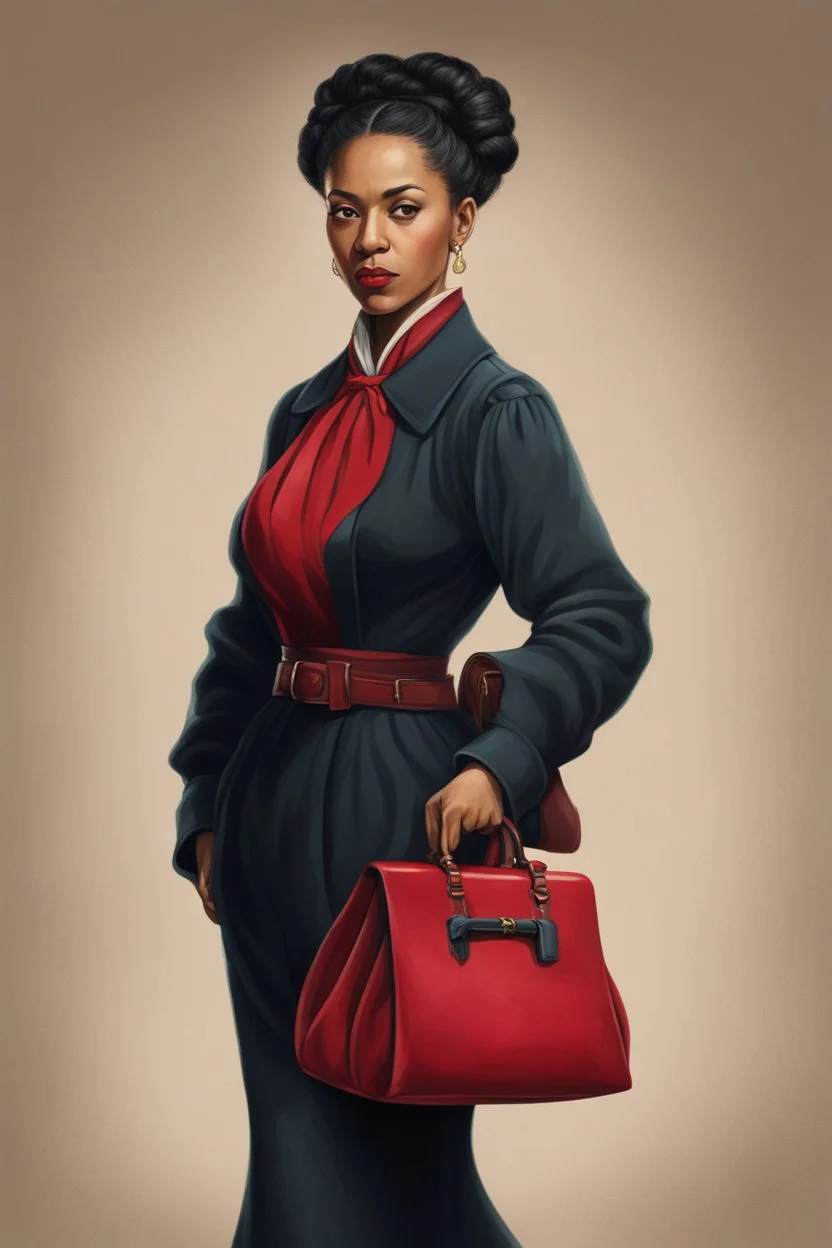 A 28 years mulatto woman, with her black hair tied in a low bun, dressed as a magistrate of the law, carrying a little red velvet satchel in both hands