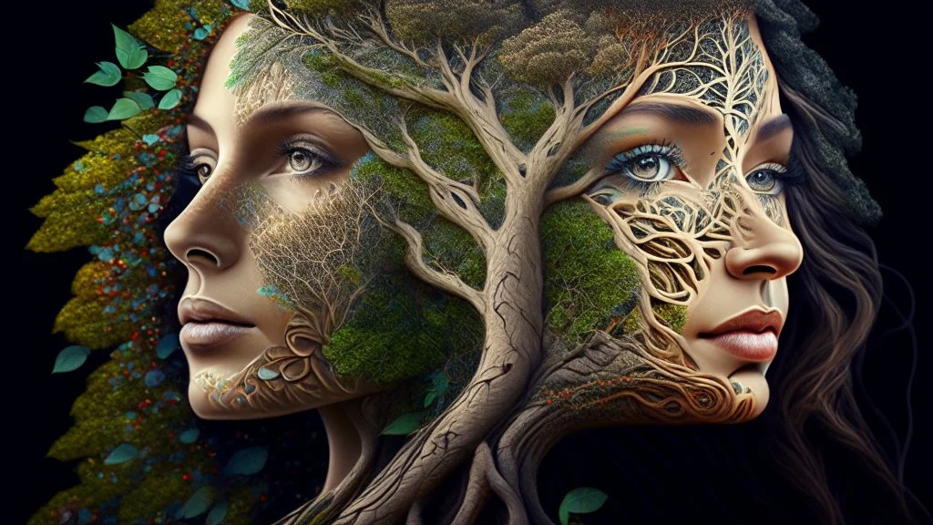 woman and tree mixed into one beautiful creature, intricate details, masterpiece, 3d, 64k, high resolution, high detail, computer graphics, hyperrealism, f/16, 1/300s. digital painting