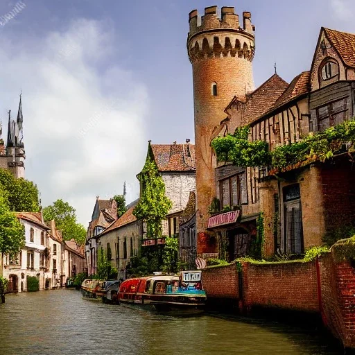 An old magical gothic little town with a castle and canals Nick Harris style