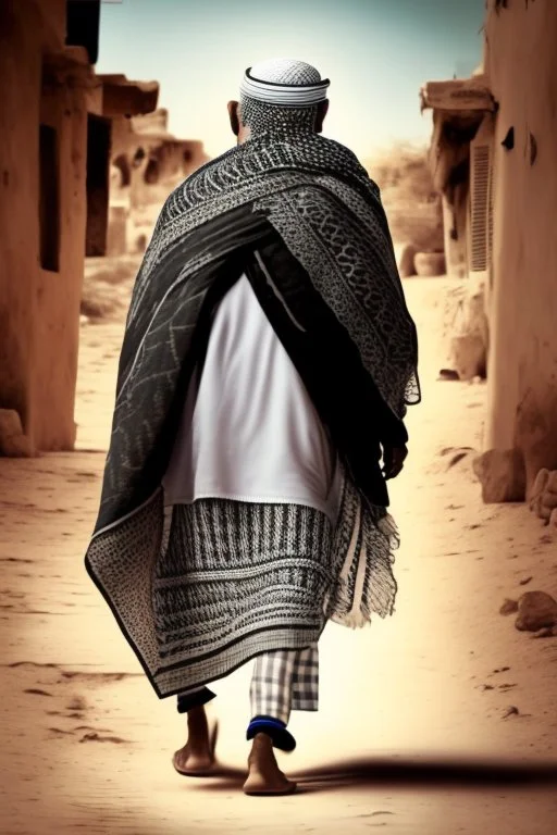 An old man wearing an Arabic keffiyeh, his back bent, walking barefoot, holding his cane upside down, looking back and holding his shoe in his hand.