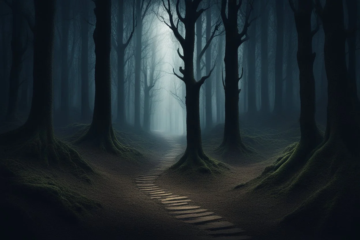 лес темный, с тропинками