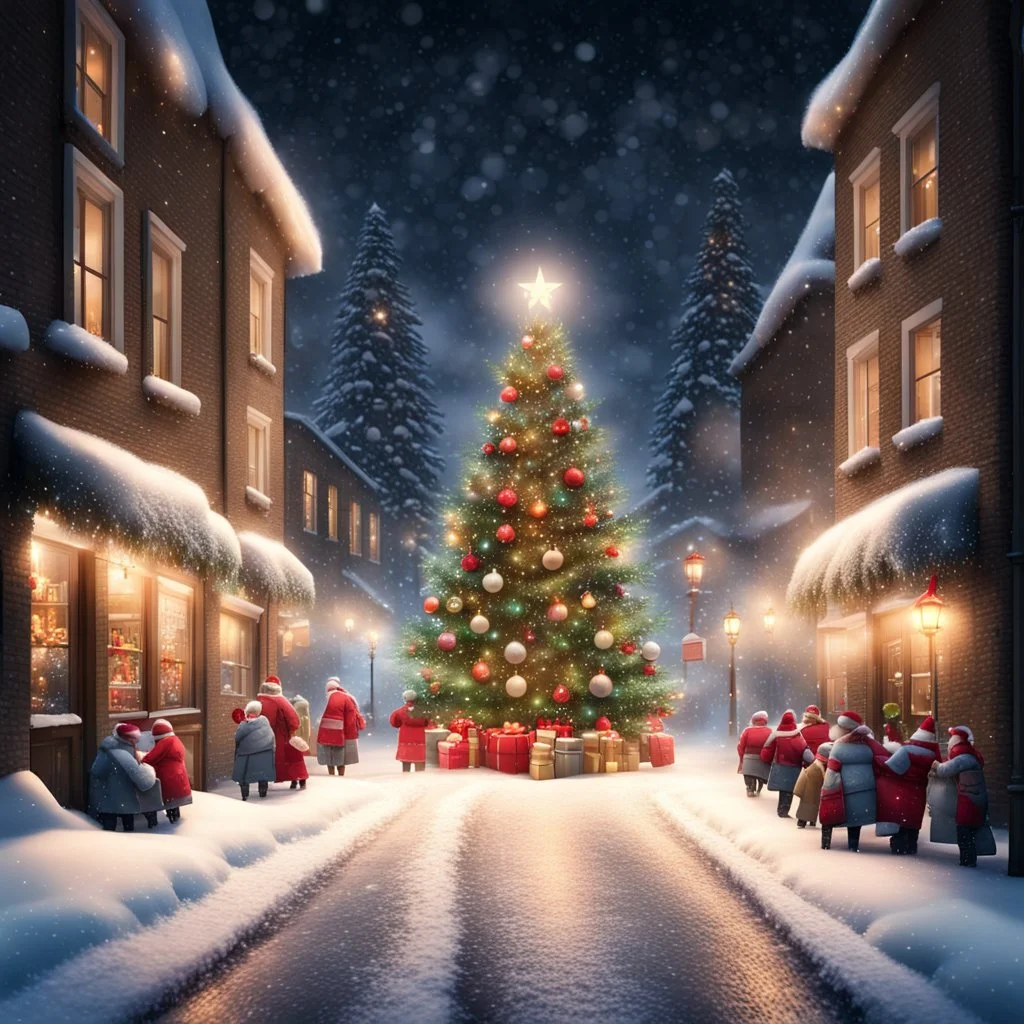 Hyper Realistic Christmas Celebrations In A Street at Snowfall Night with a Big Christmas Tree & garland Lights