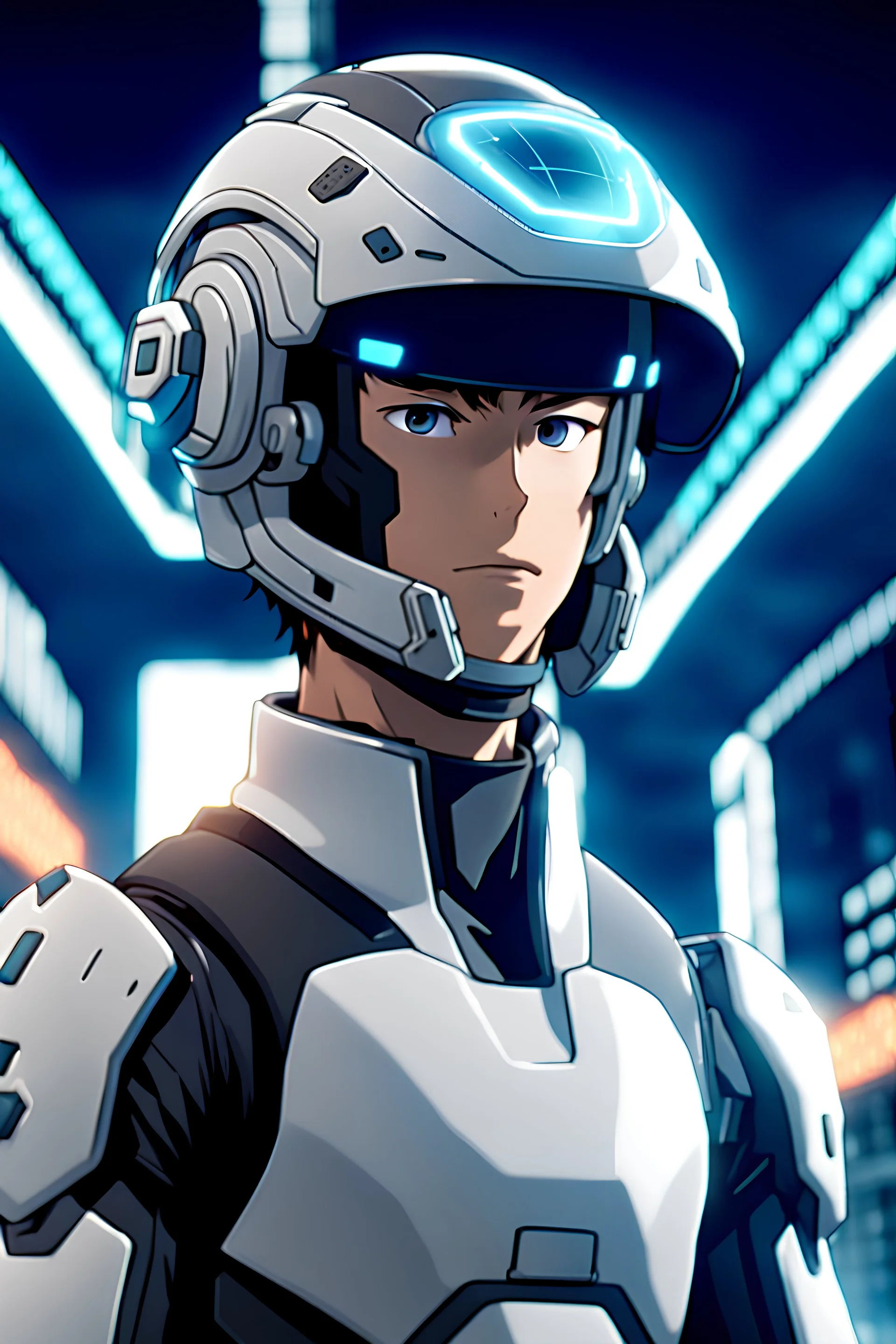 in the anime, sci-fi, a male character with a helmet is in a virtual world.