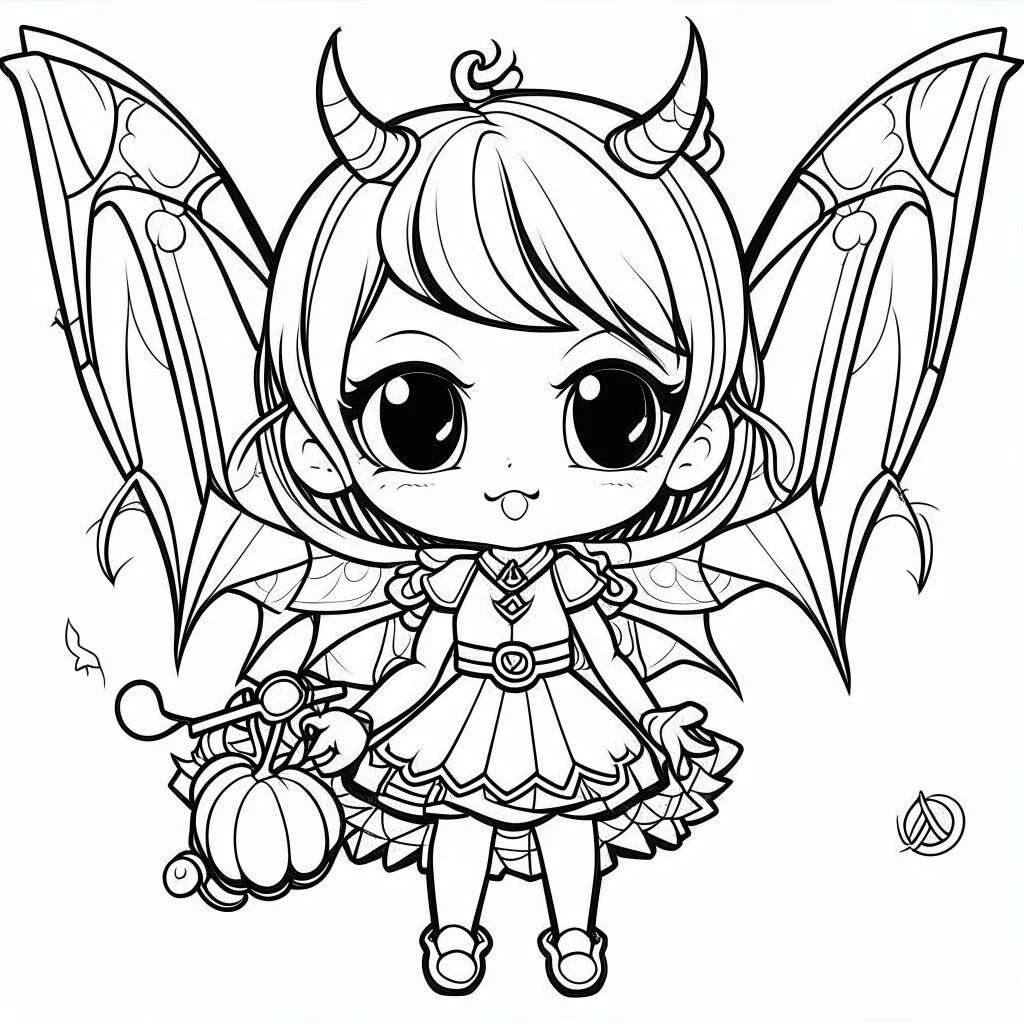 create a 2d black outline, " kawaii devil girl with bat wings coloring book for kids", coloring page, low details design, black contour, coloring page design, colorful , card style, coloring page for kids, halloween backgorund,sketch style,