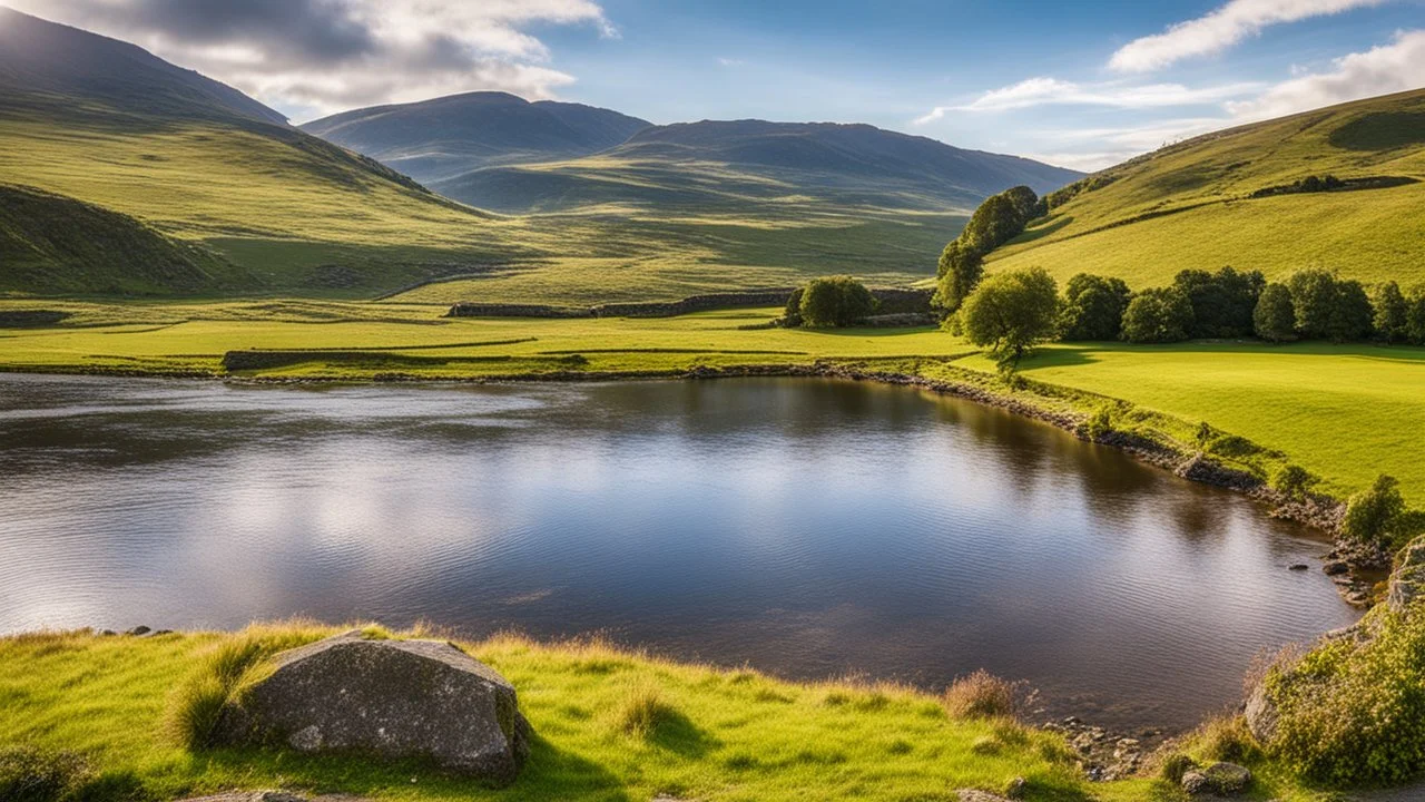 View in the English Lake District with beautiful sky, late afternoon sunshine, stone walls enclosing the fields, mountains and valleys, river, lake, calm, peaceful, tranquil, rule of thirds, beautiful composition, exquisite detail