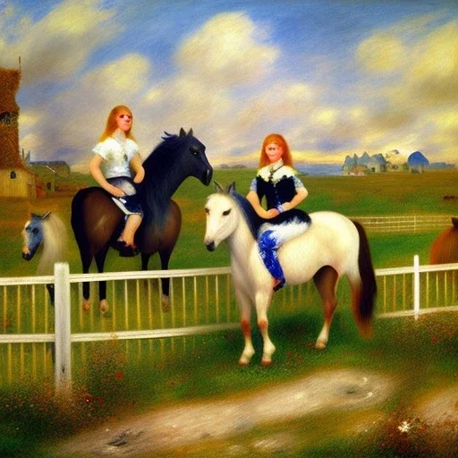 shetland pony, fence, field, oil painting, by Renoir, summer daytime