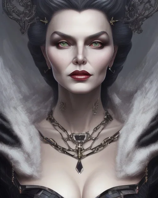 old evil queen in black leather gown, femme fatale, volouptous, busty, cleavage, angry, emperious, 8k resolution concept art portrait by Greg Rutkowski,