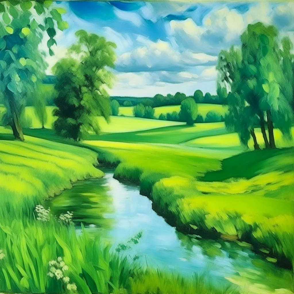 A green prairie with a river painted by Paul Cezanne