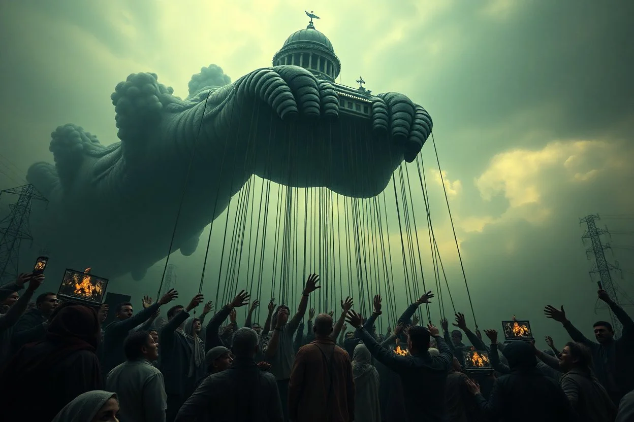 an oppressive government looms above, pulling the strings of puppets below, the news media broadcasts their suffering everywhere, dystopian, dread, horror