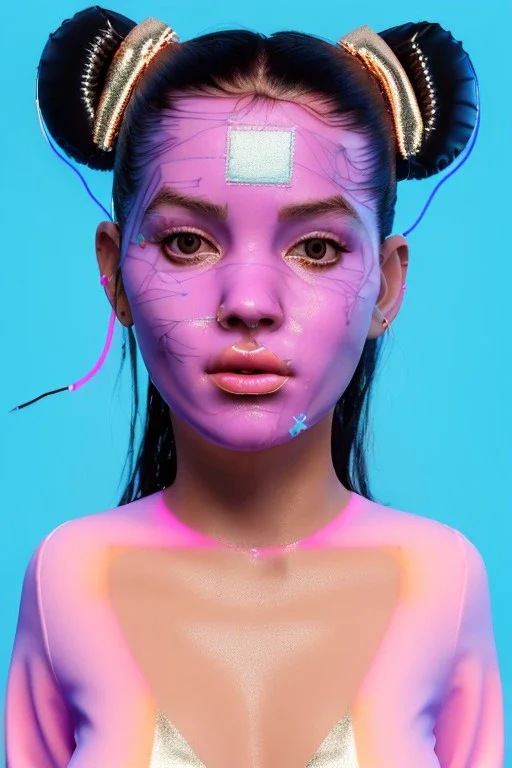 Ultra Realistic image, Rosalía artist, portrait, normal complexion, portrait, two bows with chopsticks hair , black eye long line, sweet face, t-shirt with holes, inflatable open coat, gold pink and blue style, spray glow make up, big geometric led jewelry, fog, hot, inflatable style latex coat, vibrant color, highly detailed, art stations, concept art, smooth, unreal engine 5, god rays, ray tracing, RTX, lumen lighting, ultra detail, volumetric lighting, 3d, finely drawn, high definitio