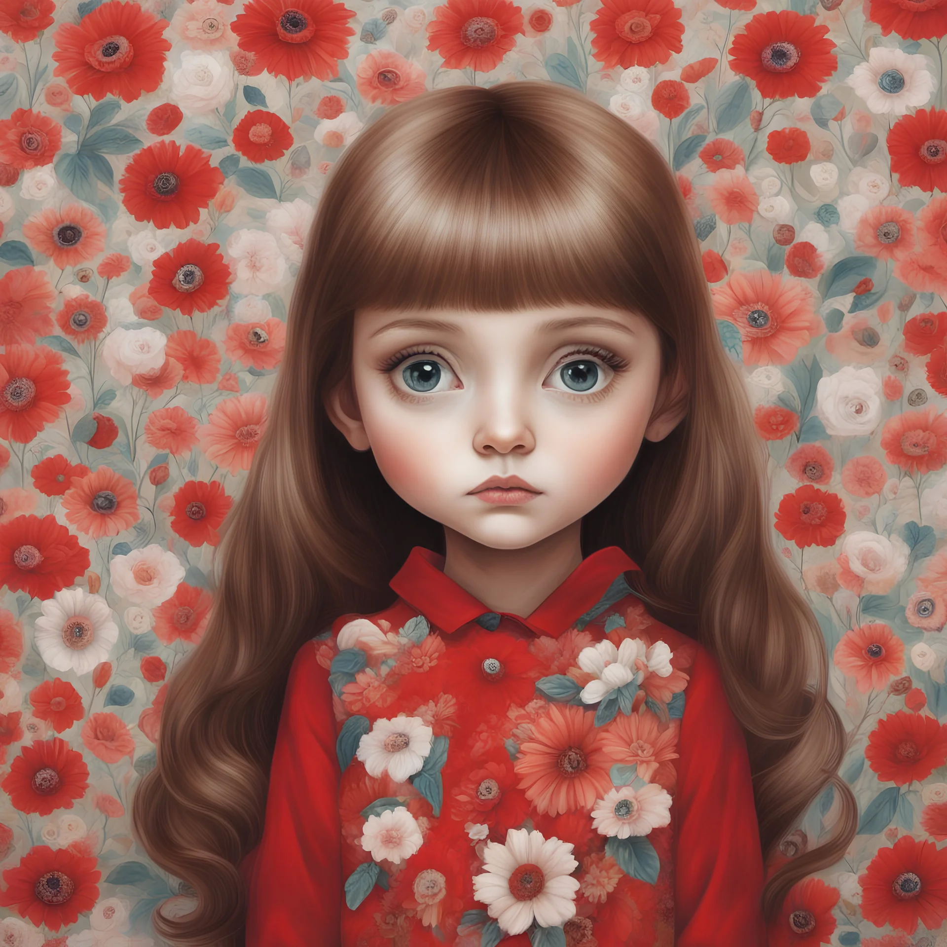Little girl in red, long hair, in the style of Margaret Keane, huge eyes, flowered wallpaper