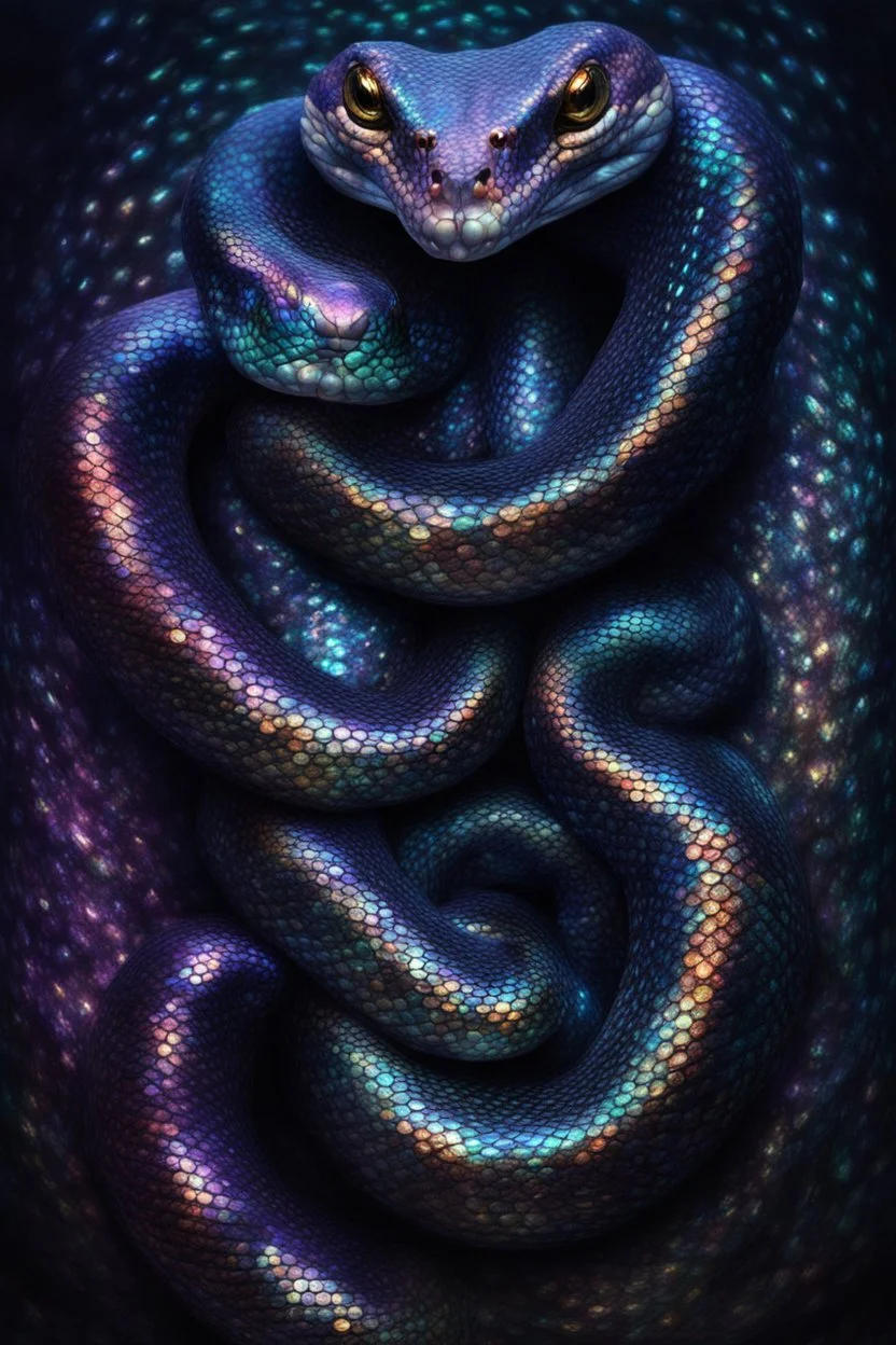 CA two headed snake digital portrait, dark fantasy, black iridescent scales, holographic, shiny, PoVC texture, wet look,