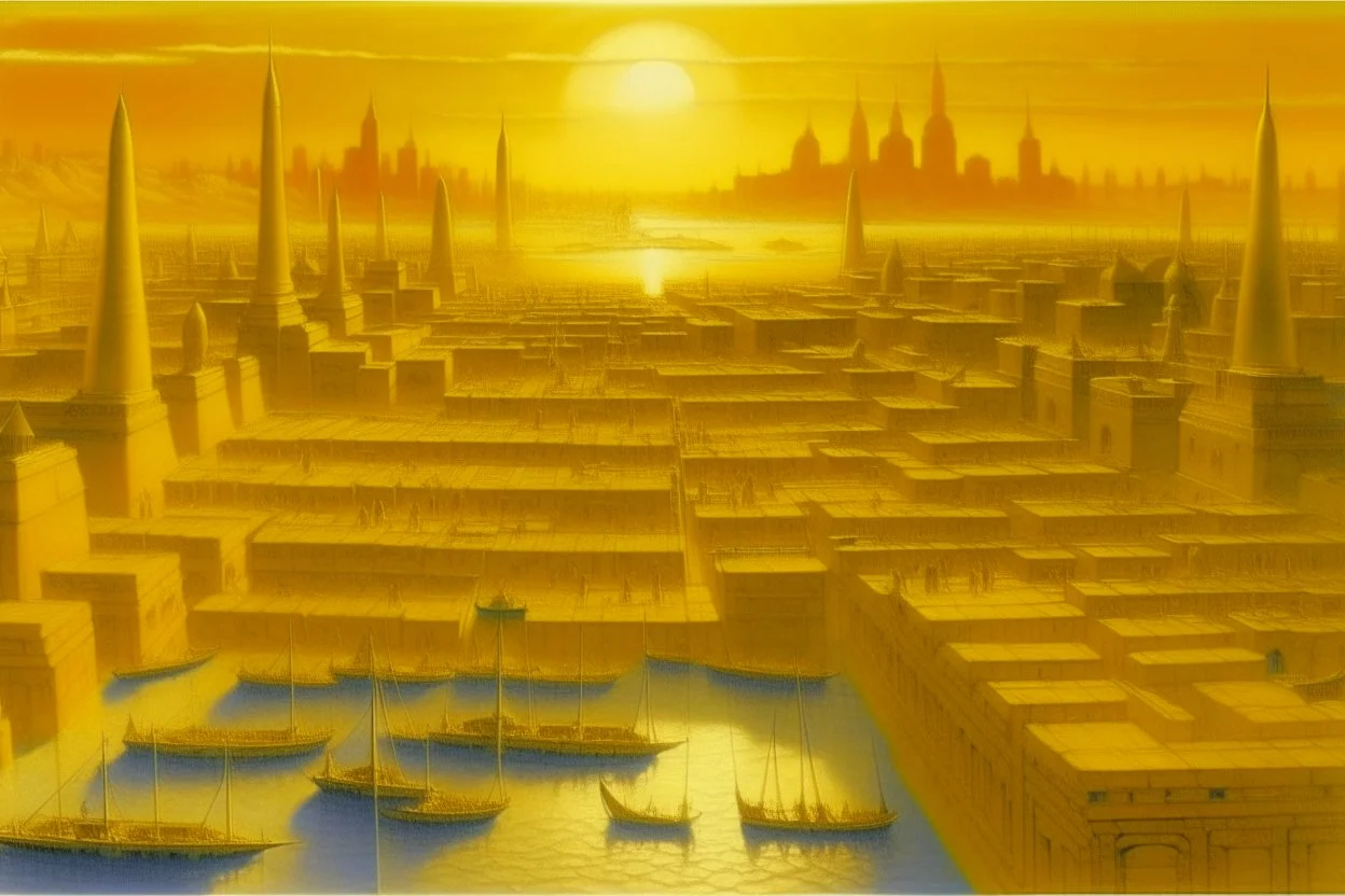 A light yellow electrical Egyptian city painted by Georges Seurat