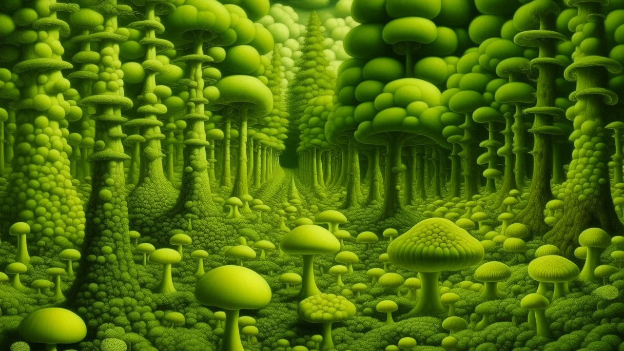 A lime green cloudy forest with puffy mushrooms painted by Grant Wood