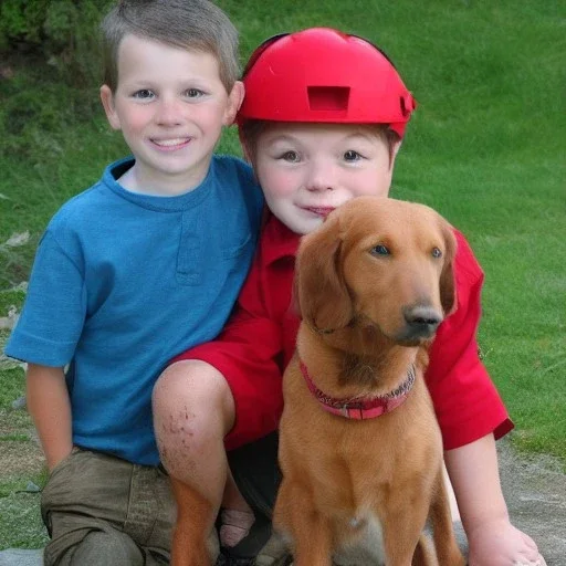 picture little boy with a very big dog red